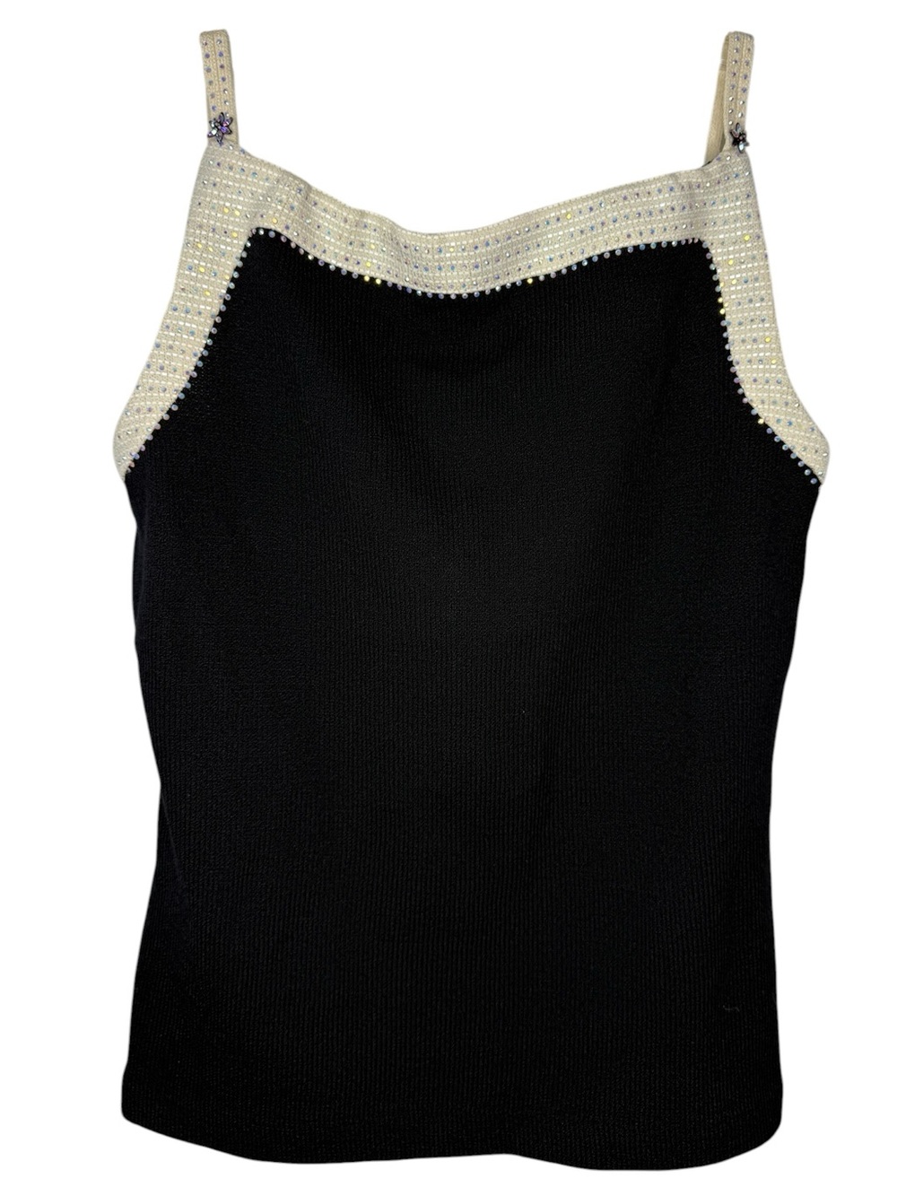 St. John Black Knit Camisole with Cream Rhinestone Trim Size Small